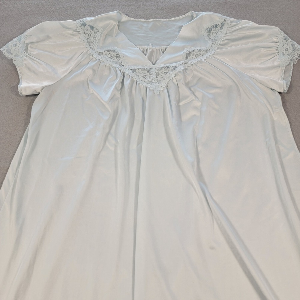 Vintage Shadowline Nightgown Blue Nylon Lace‎ Trim Short Sleeve Size Petite